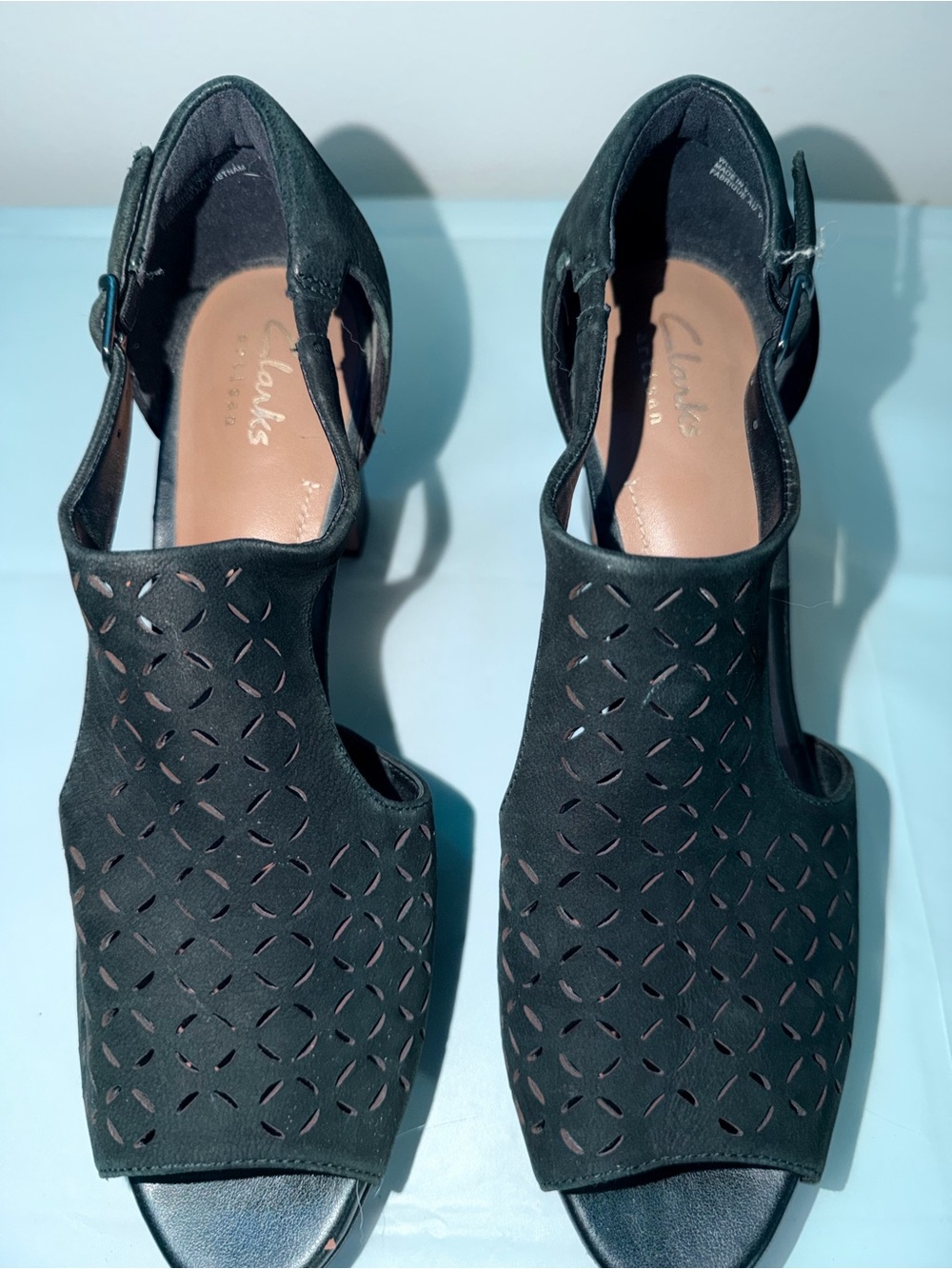 Clarks Black Laser-Cut Peep-Toe Heels